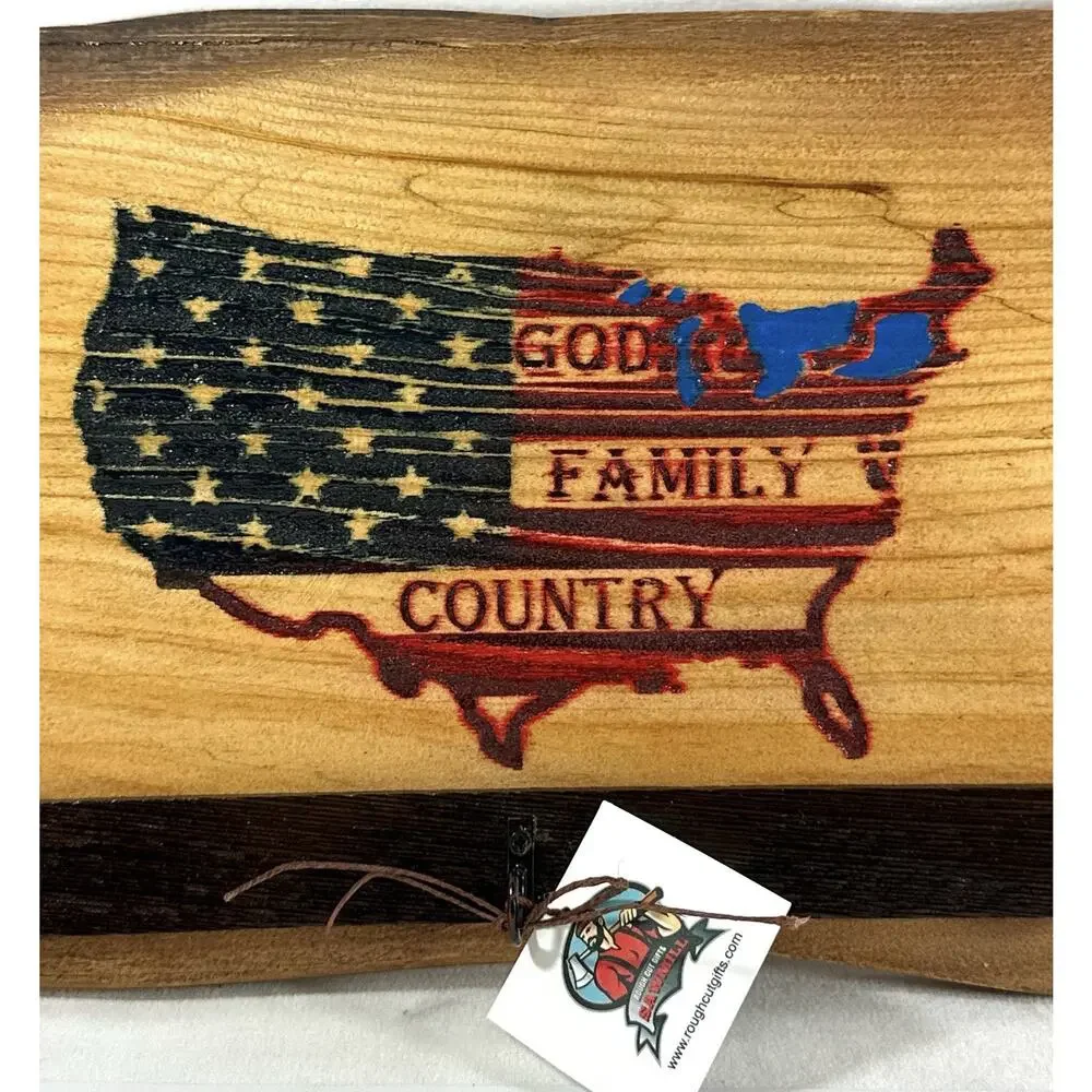 Live Edge Wooden Key Holder Wall Rack God Family Country USA Flag 3 Hooks